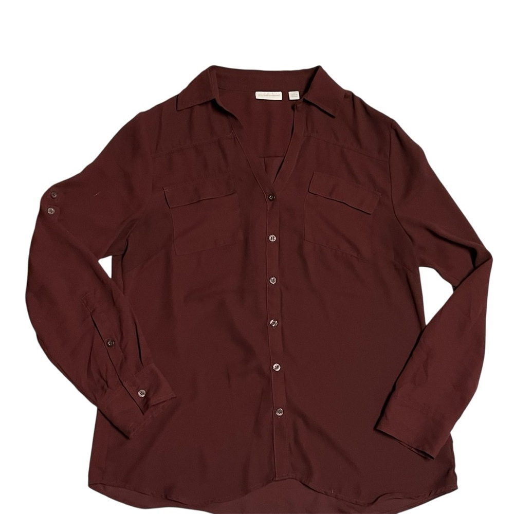 NY&Co Burgundy Utility Button Up Blouse Large Workwear Chic